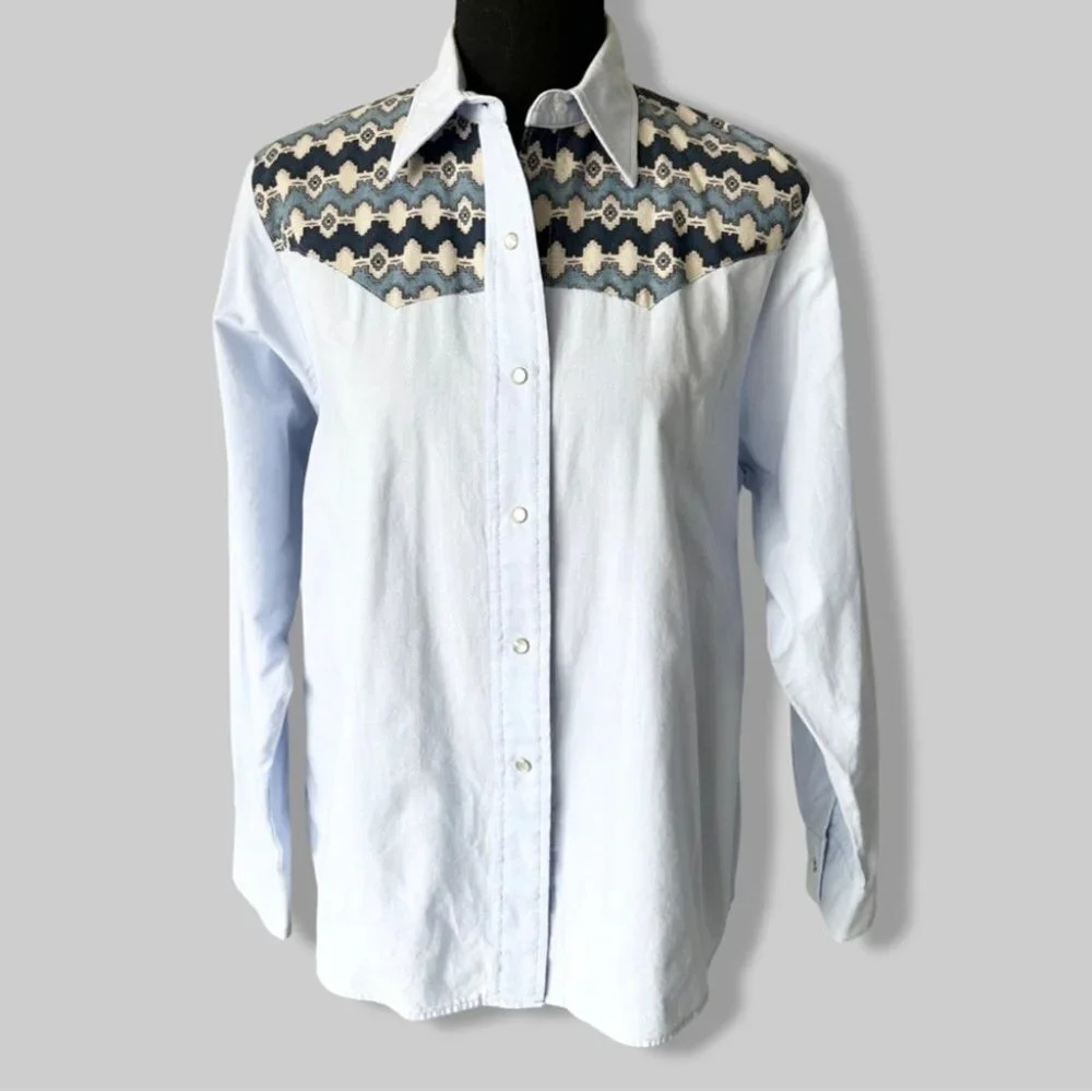 Vintage JLW Trading Co Western Fashions Light Blue Patchwork Western  Shirt